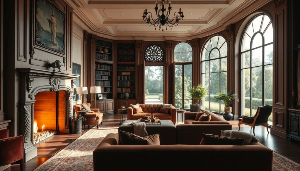 A luxurious interior design scene showcasing the evolution of the term "secret". In the foreground, a grand fireplace with ornate mantelpiece and subtle lighting casts a warm glow across the room. Plush velvet sofas and armchairs in rich colors create an intimate seating area. The middle ground features intricately carved wooden paneling and bookshelves, hinting at the hidden knowledge and mysteries within. The background opens up to reveal large windows overlooking a lush, manicured garden, allowing natural light to filter in and create a sense of tranquility. Subtle textures, refined materials, and a harmonious color palette evoke a sense of understated elegance and the allure of the unknown.