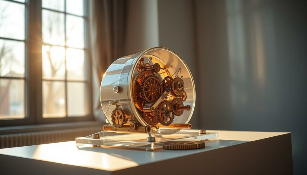A meticulously crafted, intricate mechanical device, the "Compte Épargne Temps" sits on a sleek, minimalist display, its gears and cogs expertly engineered to depict the passage of time. Sunlight filters through a large window, casting a warm, golden glow on the polished metal components, each moving in perfect synchronization. The device's elegant, Art Deco-inspired design exudes a sense of timeless sophistication, inviting the viewer to marvel at the precision and craftsmanship that went into its creation. Captured from a low, angled perspective, the image emphasizes the mechanical complexity and visual appeal of this captivating object.