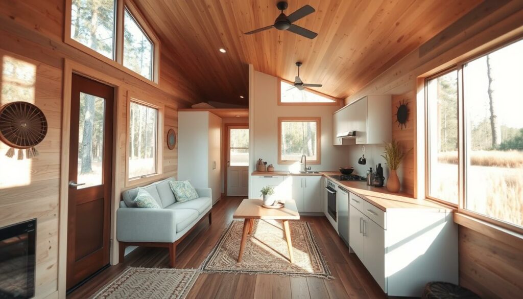 A minimalist tiny house nestled in a serene natural setting, with warm natural lighting filtering through large windows. The interior is characterized by clean lines, neutral tones, and carefully curated furnishings that maximize the limited space. A cozy living area with a plush sofa and a small wooden table creates a sense of comfort and practicality. The kitchen, with its sleek cabinetry and minimalist appliances, seamlessly blends into the overall aesthetic. Soft textures, such as woven rugs and textiles, add warmth and visual interest. The overall atmosphere evokes a peaceful, uncluttered lifestyle in harmony with the surrounding environment.