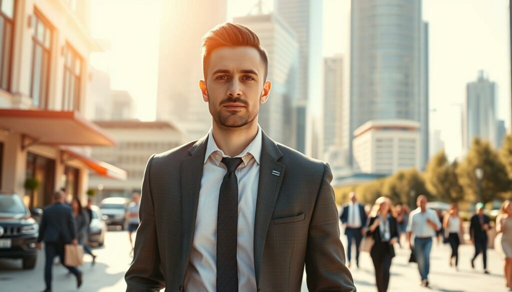 A modern, well-dressed man strolling confidently through a sunlit urban landscape, exuding a sense of effortless sophistication. The foreground captures his tailored suit, sharp haircut, and confident gaze, conveying an image of a successful, tech-savvy professional. The middle ground features a bustling city backdrop, with sleek skyscrapers, chic cafes, and people hurrying about their day. The lighting is warm and natural, casting a golden glow that highlights the man's vibrant, healthy appearance. The overall atmosphere evokes a sense of balance, productivity, and a high quality of life in the modern world.