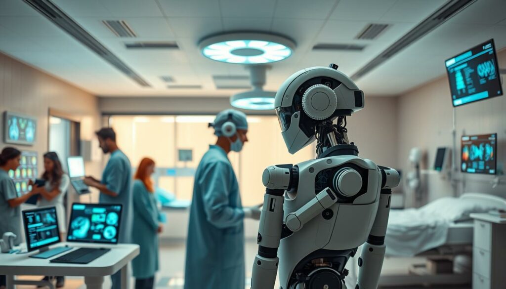 A panoramic view of a modern hospital, showcasing various applications of artificial intelligence in healthcare. In the foreground, a team of doctors and nurses collaborate with an AI-powered diagnostic tool, analyzing medical scans and test results. In the middle ground, a robotic surgical assistant precisely performs a complex procedure under the supervision of a skilled surgeon. In the background, an AI-driven patient monitoring system tracks vital signs and alerts staff to any changes. The scene is bathed in a warm, calming light, conveying the transformative potential of AI in enhancing patient outcomes and streamlining medical workflows.
