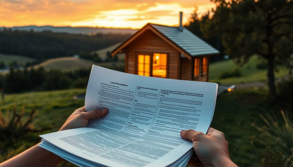 A quaint tiny house nestled in the picturesque French countryside, the warm glow of sunset bathing its rustic wooden exterior. In the foreground, a pair of hands carefully unravels a stack of legal documents, meticulously studying the intricate regulations governing the construction and placement of these diminutive dwellings. The midground showcases the compact, efficient interior, with a cozy atmosphere accentuated by soft lighting and minimalist furnishings. In the background, rolling hills and a tranquil forest set the scene, hinting at the harmony between the tiny house and its natural surroundings. The overall mood conveys a sense of thoughtful consideration, as the inhabitants navigate the cultural and legal aspects of their unconventional yet fulfilling lifestyle.