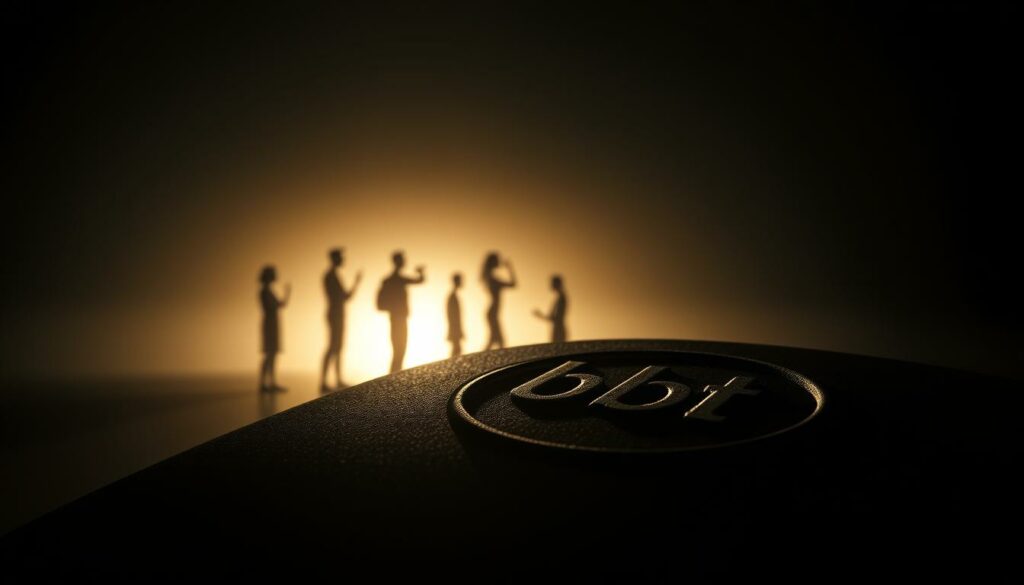 A richly textured, high-contrast image showcasing the powerful connection between a brand and its consumers. In the foreground, a finely detailed, embossed logo or mark represents the company's identity, casting a soft, warm glow. The middle ground features a series of diverse human silhouettes, each one subtly interacting with the brand mark, suggesting a deep, personal relationship. The background is a minimal, minimalist environment, allowing the brand and consumer elements to take center stage. The lighting is dramatic, with chiaroscuro effects highlighting the tactile, almost sculptural nature of the brand mark. The overall mood is one of strength, elegance, and a sense of shared identity between the enterprise and its loyal customer base.