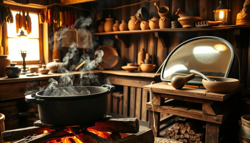 A rustic kitchen setting with various alternative cooking techniques showcased. In the foreground, a cast-iron Dutch oven simmers over a crackling wood fire, steam rising gently. In the middle ground, a solar oven sits on a wooden counter, its curved glass panels reflecting the sunlight. On the shelves, a collection of earthenware pots, a hand-cranked meat grinder, and a traditional stone mortar and pestle. The background is filled with the warm glow of oil lamps and the silhouettes of preserved foods hanging from the rafters. The overall atmosphere is one of self-reliance, sustainability, and the timeless art of cooking without modern conveniences.