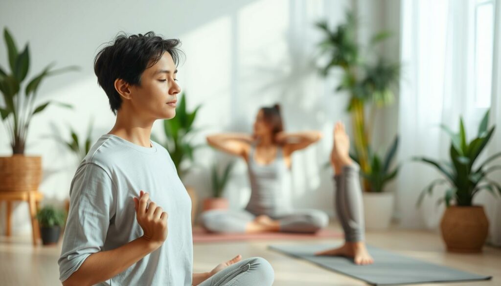 A serene, minimalist scene depicting various techniques for managing stress. In the foreground, a person practices deep breathing exercises, their face tranquil and focused. In the middle ground, another person performs gentle yoga poses, their body fluid and graceful. In the background, a cozy, plant-filled room with soft, natural lighting creates a calming atmosphere. The overall mood is one of peace, tranquility, and effective stress management strategies.