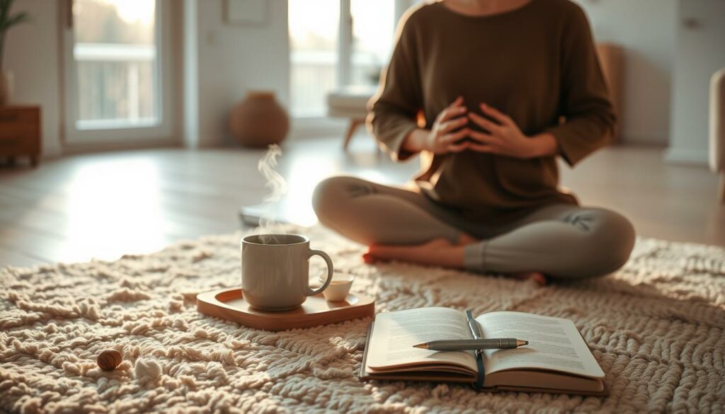 A serene morning scene, illuminated by warm natural lighting filtering through large windows. In the foreground, a person sitting cross-legged on a plush, textured rug, their palms resting gently on their knees as they engage in a mindful meditation practice. The middle ground features a wooden table adorned with a few simple, purposeful items - a steaming mug of tea, a small bowl of fresh fruit, and a journal with a pen resting beside it. The background showcases a minimalist, airy living space with clean lines and neutral tones, creating a calming, rejuvenating atmosphere. The overall composition conveys a sense of tranquility, focus, and intentionality, capturing the essence of a fulfilling morning routine.