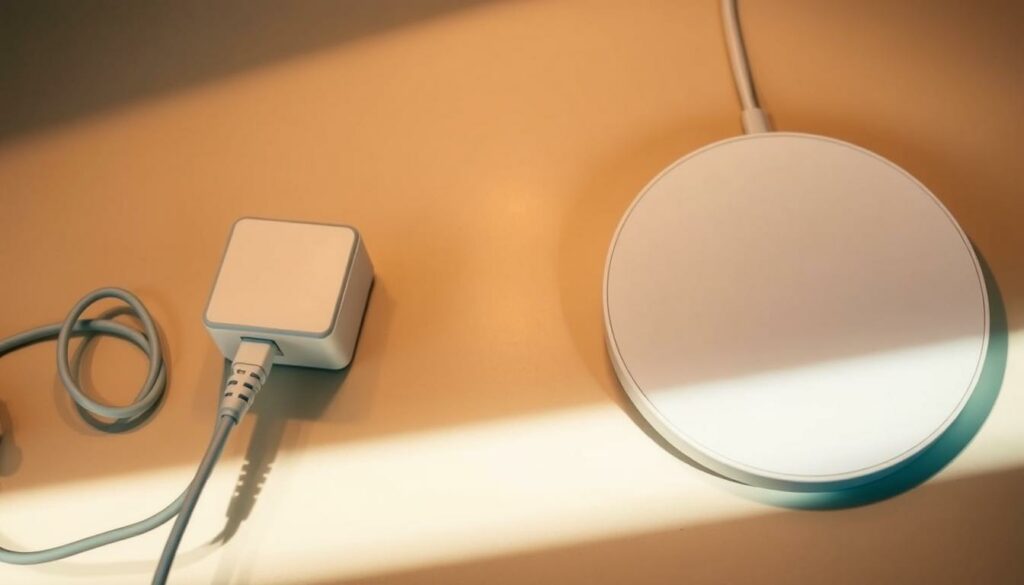 A side-by-side comparison of a traditional wired charger and a modern wireless charging pad, illuminated by soft, warm lighting that highlights their distinct designs and capabilities. The wired charger, with its familiar cable and plug, stands in contrast to the sleek, minimalist wireless pad, showcasing the evolution of charging technology. The scene conveys a sense of thoughtful examination, inviting the viewer to consider the differences and potential advantages between the two charging solutions.