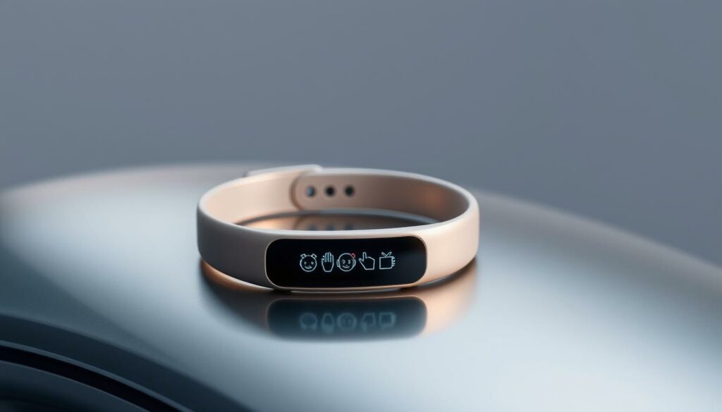 A sleek, innovative connected bracelet rests on a futuristic, metallic surface, its display showcasing a dynamic visualization of emotions. The bracelet's clean, minimalist design exudes a sense of technological sophistication. Soft, diffused lighting illuminates the scene, casting subtle shadows and highlights that accentuate the bracelet's features. The background is a muted, gradient-based environment, allowing the bracelet to take center stage and convey a sense of advanced, cutting-edge functionality. The overall composition strikes a balance between form and function, reflecting the section's focus on the bracelet's innovative capabilities and technological performance.