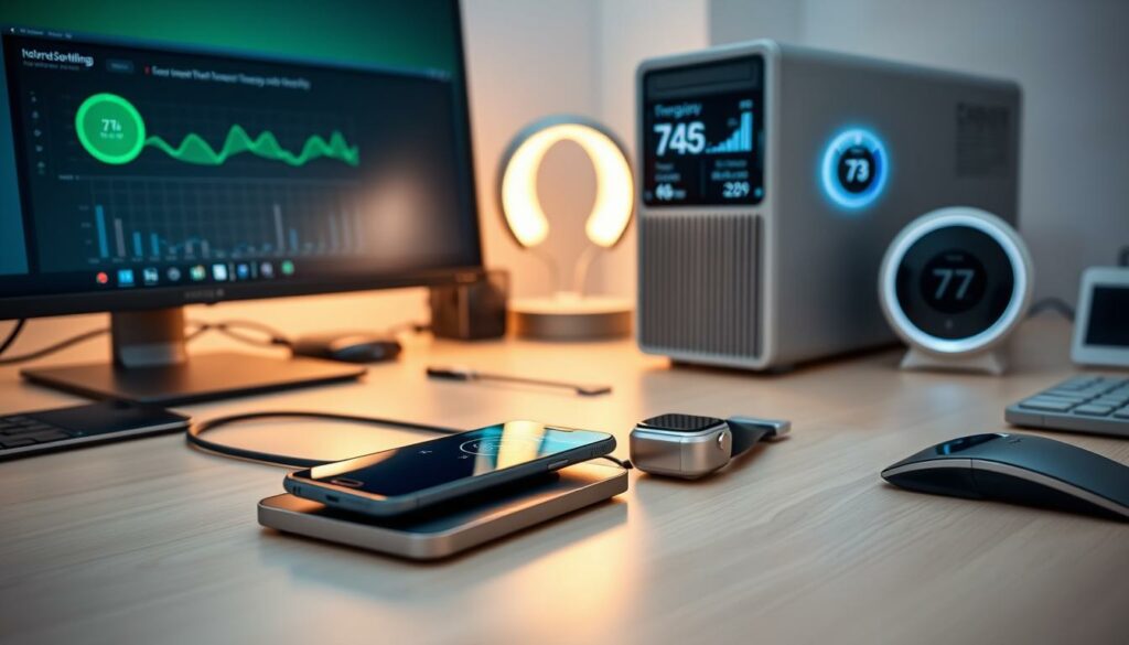A sleek, modern desktop filled with an array of energy-efficient smart devices. In the foreground, a minimalist wireless charging pad powers up a smartphone and smartwatch. Behind it, a compact desktop computer with a slim, aluminum chassis and discrete cooling vents. To the side, a high-resolution external monitor displays energy usage data and efficiency metrics. In the background, a futuristic desk lamp with adjustable LED lighting casts a warm glow, while an internet-connected smart thermostat regulates the room temperature. The scene is bathed in a soft, diffused light, highlighting the clean, streamlined design of the smart gadgets that work in harmony to optimize energy consumption.