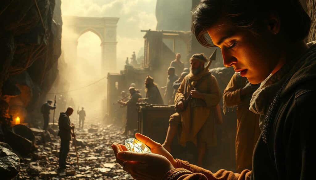A sprawling historical evolution of diamond discovery, depicted in a lush, cinematic scene. In the foreground, a lone figure examines a glittering gem unearthed from an ancient treasure trove, their face bathed in warm, golden light. The middle ground reveals a tableau of bygone eras - miners toiling in candlelit caves, explorers traversing rugged landscapes, and regal hands adorning elaborate jewelry. The background recedes into misty, dreamlike visions of the diamond's timeless allure, from medieval coronations to modern-day opulence. Rendered with a sense of grandeur and wonder, evoking the rich tapestry of diamond history and its enduring impact on human civilization.