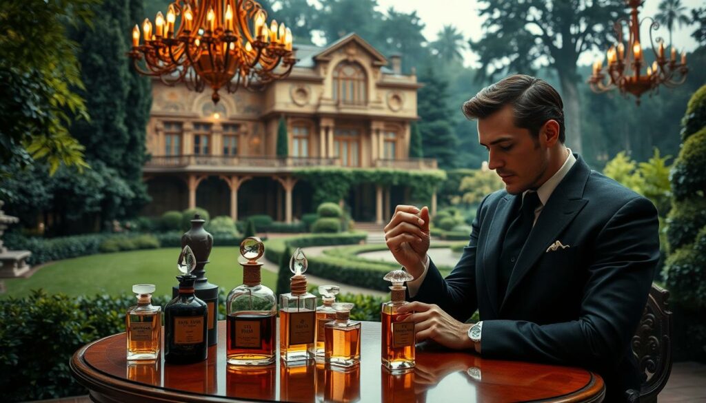 A stately mansion nestled in a lush, verdant garden, its grandeur a testament to the rich history of ancient perfumery. Ornate chandeliers cast a warm, golden glow, illuminating intricate frescoes and tapestries that adorn the walls. On a polished mahogany table, a collection of antique glass bottles, each containing a unique fragrance, whispers of a bygone era. The air is infused with the captivating scents of rare flowers, exotic spices, and precious oils, creating an atmosphere of opulence and mystery. In the foreground, a elegant, well-dressed individual examines a fragrance, lost in the allure of its captivating aroma, a timeless symbol of the enduring power of perfume.