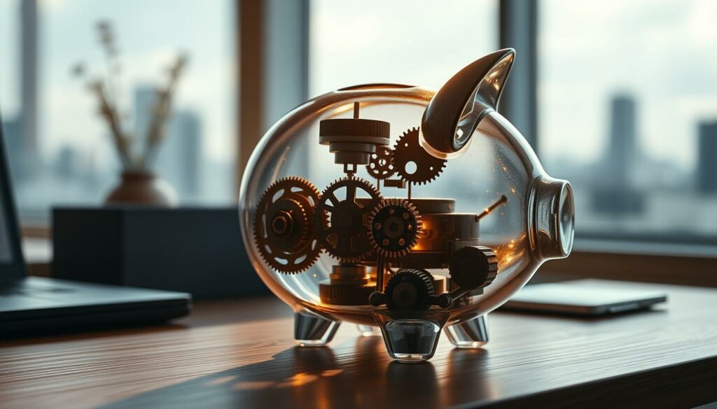 A transparent glass piggy bank with gears and mechanical parts inside, sitting on a wooden desk. The bank is backlit, casting intricate shadows on the surface. The lighting is warm and cinematic, with a soft focus effect. In the background, there is a blurred cityscape visible through a window, suggesting a modern, connected world. The overall mood is one of efficiency, automation, and the seamless integration of technology into everyday life.