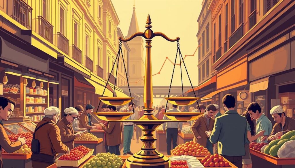 A vibrant and dynamic illustration showcasing the interplay of supply and demand in the French market. In the foreground, a bustling marketplace with vendors haggling over prices, their faces animated with negotiation. In the middle ground, a balance scale symbolizing the equilibrium between offering and demand, its beam shifting as economic forces collide. In the background, a stylized graph depicting the trends and fluctuations of the market, its lines flowing like the ebb and flow of a river. The scene is bathed in warm, golden light, conveying a sense of prosperity and economic activity. The overall composition is balanced and visually striking, capturing the essence of the French market's delicate supply-demand dynamics.