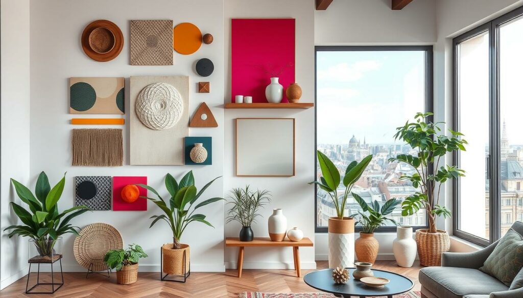 A vibrant, modern interior scene showcasing the latest decor trends in France. In the foreground, a sleek, minimalist wall display features an assortment of striking geometric shapes, textured surfaces, and bold pops of color. The middle ground depicts a well-curated arrangement of lush houseplants, wooden shelving, and artful ceramic vases. In the background, a large window floods the space with natural light, revealing a picturesque cityscape outside. The overall composition exudes a sense of stylish, sophisticated elegance, perfectly capturing the essence of current French interior design aesthetics.