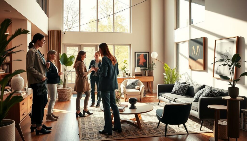 A warm, inviting interior design scene featuring a team of expert decorators at work. In the foreground, a group of stylishly dressed professionals collaborate, discussing color palettes, furniture placement, and textiles. The middle ground showcases a chic, modern living space with mid-century modern furnishings, natural lighting pouring in through large windows, and carefully curated decor pieces. In the background, a backdrop of sleek, contemporary architecture provides an elegant setting. The overall atmosphere exudes sophistication, creativity, and a touch of French flair, capturing the essence of expert interior decoration.