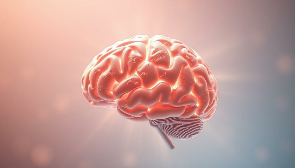 A well-lit, serene scene of a human brain intricately woven with neural pathways, symbolizing the connection between neuroscience and mental well-being. The brain appears to float in a soft, pastel-hued background, conveying a sense of balance and harmony. Gentle rays of light emanate from the brain, casting a warm, calming glow. The overall composition is both scientifically accurate and visually captivating, perfectly illustrating the intersection of neuroscience and mental health.