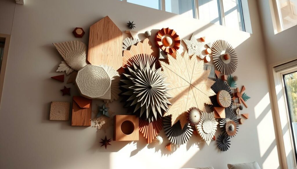 An elegant DIY wall decor, featuring a vibrant arrangement of geometric shapes and patterns, creates a captivating visual experience. Sunlight streams through large windows, casting a warm, natural glow on the textured, handcrafted elements. The composition balances clean lines, unexpected angles, and a harmonious color palette, seamlessly blending modern and rustic design sensibilities. Carefully placed shadows and highlights accentuate the depth and dimensionality of the installation, inviting the viewer to explore its intricate details. This striking DIY wall decor effortlessly transforms a plain wall into a mesmerizing focal point, leaving guests in awe.