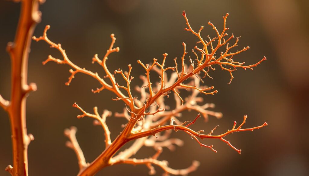 Botanically intricate branch structure, showcasing the delicate vascular architecture and intricate cellular patterning. Rendered in a crisp, high-contrast style with warm, natural lighting to accentuate the organic textures and geometric forms. Composed to draw the viewer's eye through the interplay of negative space and sinuous lines, capturing the graceful, branching anatomy in a visually compelling manner.