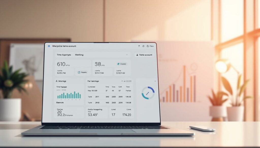 Compte épargne temps professionnel: a detailed illustration showcasing a stylized professional time management account, with a sleek, minimalist design. In the foreground, a clean, modern interface displays customizable time tracking metrics and balances. The middle ground features elegant icons and infographic elements, conveying the flexibility and control of the system. In the background, a subdued, neutral color palette evokes a professional, office-like atmosphere, with subtle patterns or textures suggesting the organizational nature of the concept. Warm, natural lighting casts a soft glow, creating a sense of efficiency and productivity. The overall composition should strike a balance between informative and visually appealing, reflecting the practical yet sophisticated nature of the professional time management account.