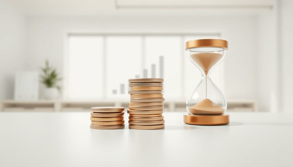 Detailed illustration of a "compte épargne temps" or time savings account, against a clean, minimalist background. In the foreground, a stack of coins and a stylized hourglass, symbolizing the accumulation of time-based savings. In the middle ground, a simple bar chart or graph visualizing the growth of the account over time. In the background, a serene, softly-lit office setting with clean lines and subtle textures, suggesting a professional, financial context. The overall mood is one of organization, productivity, and the responsible management of time as a valuable resource.