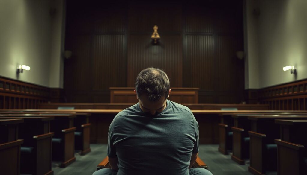 Dramatic courtroom scene, a defendant sits dejected, head in hands, surrounded by the weight of a wrongful conviction. Harsh fluorescent lighting casts long shadows, creating an atmosphere of despair. The judge's bench looms in the background, a symbol of the flawed justice system. The scene is one of somber resignation, a powerful visual metaphor for the devastating impact of a miscarriage of justice.