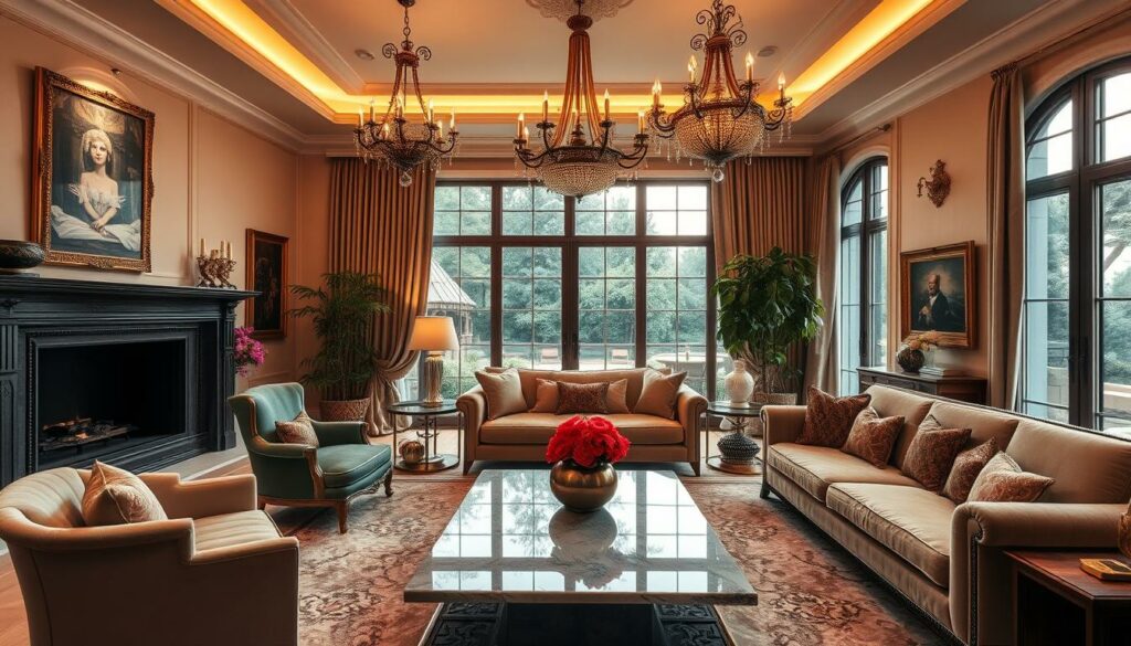 Luxurious interior design showcasing an opulent living room. Sleek and elegant furniture, including a plush velvet sofa, vintage armchair, and a polished marble coffee table. Warm lighting casts a soft glow, illuminating the room's high ceilings and large windows that overlook a lush garden. Ornate chandeliers and tasteful artwork adorn the walls, creating a refined and sophisticated ambiance. Exquisite textiles, such as silk curtains and a plush area rug, add depth and texture to the space. The overall atmosphere exudes an air of refined luxury and exclusivity, catering to the discerning tastes of the wealthy.