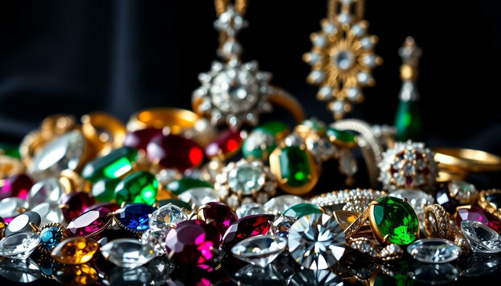 Magnificent precious gemstones and noble metals, captured in a captivating still life. In the foreground, a dazzling array of diamonds, rubies, emeralds, and sapphires, their facets gleaming under the soft, diffused lighting. The middle ground features an assortment of gold, silver, and platinum jewelry, each piece a testament to exquisite craftsmanship. In the background, a dark, velvety backdrop enhances the radiance of the gems, creating a sense of opulence and exclusivity. The scene exudes a sense of elegance, luxury, and the extraordinary, perfectly aligned with the "Caractéristiques et matériaux exceptionnels" section of the article.