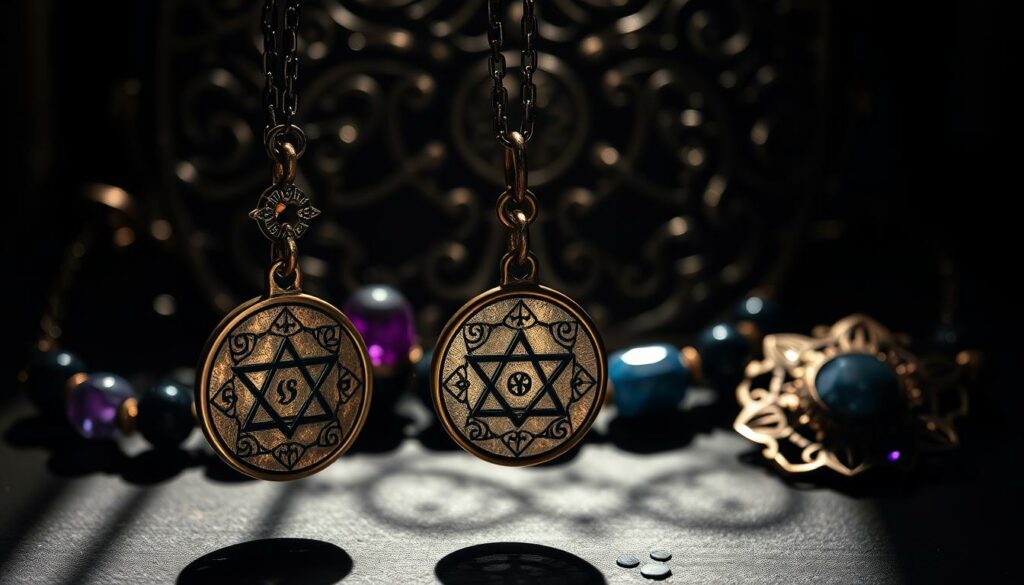 Mystical symbols adorn elegant jewelry, a harmonious blend of ancient arcana and modern allure. In the foreground, a pendant dangles, its surface etched with esoteric glyphs that catch the light, hinting at hidden powers. Surrounding it, a necklace of precious stones - onyx, amethyst, and lapis lazuli - arranged in a mystical pattern, their facets glittering softly. In the background, a backdrop of ornate metal filigree, its intricate designs evoking the celestial and the otherworldly. Dramatic chiaroscuro lighting casts dramatic shadows, imbuing the scene with an air of mystery and enchantment. Captured through a sharp, high-resolution lens, this image invites the viewer to ponder the secrets and legends that may be woven into these captivating pieces.