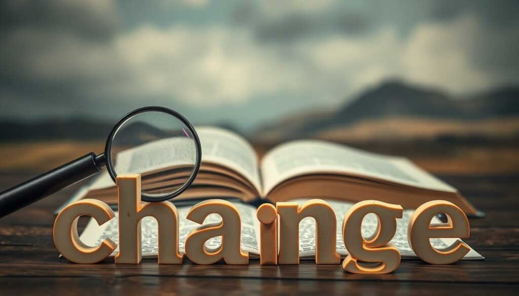 Prompt A detailed semantic analysis of the word "change", with a central focus on its etymological roots and conceptual evolution. The image should depict a thoughtful, intellectual atmosphere, with a subtle, muted color palette and soft, diffused lighting. In the foreground, a magnifying glass hovers over the letters "change", inviting close examination. In the middle ground, a collection of open books and scattered notes suggest an ongoing scholarly investigation. The background should feature a blurred, abstract landscape, evoking a sense of contemplation and introspection. The overall composition should convey a sense of depth, balance, and visual harmony, guiding the viewer's attention to the core subject of semantic and etymological analysis.