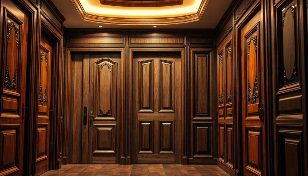 Prompt A sophisticated and stylish interior featuring a collection of exquisite wooden doors. The doors are meticulously designed, with intricate patterns and textures that create a sense of elegance and refinement. The lighting is warm and inviting, casting a soft glow across the space and highlighting the rich grain of the wood. The doors are arranged in a harmonious layout, creating a visually stunning and cohesive aesthetic that would perfectly complement a high-end residential or commercial space. The overall atmosphere is one of luxury, comfort, and attention to detail, perfectly capturing the essence of "portes intérieures design".