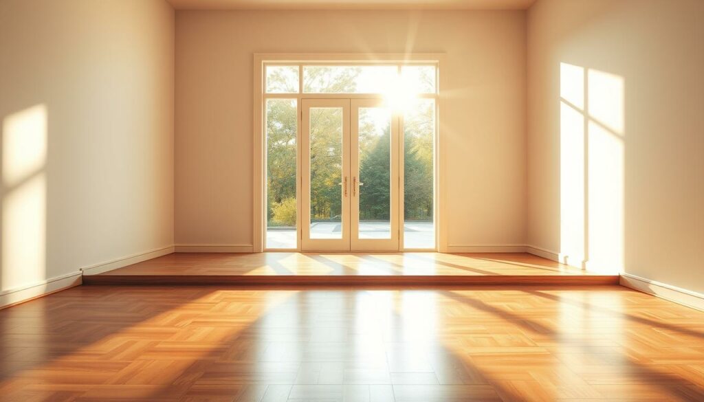 Prompt A spacious, well-lit room with a large glass door leading to a sunlit exterior. The door is the focal point, framed by natural light streaming in, casting a warm, golden glow throughout the space. The floor is a polished hardwood, and the walls are a neutral, minimalist palette, allowing the luminous qualities of the glass to take center stage. The overall atmosphere is one of tranquility and elegance, inviting the viewer to imagine the peaceful ambiance of the space.