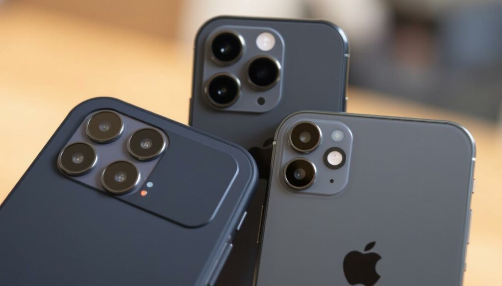 Smartphone camera comparison: an affordable device and an iPhone. In the foreground, two smartphones are positioned side-by-side, one a budget model and the other an iPhone. The budget smartphone's camera module is clearly visible, showcasing its sensors and lenses. In the middle ground, the iPhone's camera array is prominently displayed, highlighting the technical specifications and visual quality. The background is softly blurred, creating a sense of depth and focus on the camera systems. The lighting is natural and balanced, emphasizing the details and textures of the devices. The overall mood is one of technical analysis, inviting the viewer to compare the capabilities of the two camera systems.