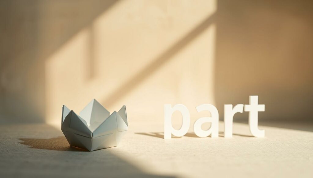 A beautifully crafted definition of the word "part" set against a serene, minimalist backdrop. In the foreground, a delicate origami-like paper form takes center stage, its crisp folds and intricate edges capturing the essence of the word's meaning. The middle ground features a softly blurred, textured surface, perhaps parchment or fine linen, conveying a sense of timelessness and permanence. The background is a muted, ethereal gradient, evoking a sense of contemplation and introspection. Warm, natural lighting casts gentle shadows, adding depth and dimensionality to the composition. The overall mood is one of quiet contemplation, inviting the viewer to ponder the nuanced definition of the word "part" within the broader context of the article.