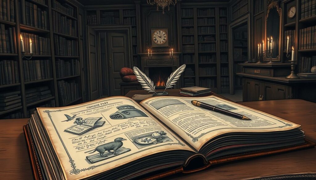 A detailed, antique-style illustration of the origin and evolution of the term "origine part". The foreground features an aged, leather-bound book with a worn cover, opened to reveal intricate illustrations of historical artifacts and documents. The middle ground showcases a scholarly workspace, with quill pens, inkwells, and ancient manuscripts scattered across a polished wooden desk. The background depicts a dimly lit, cluttered study, filled with towering bookshelves, flickering candles, and the faint glow of a fireplace. The overall scene conveys a sense of academic discovery and historical inquiry, with a muted, sepia-toned palette that evokes the passage of time.